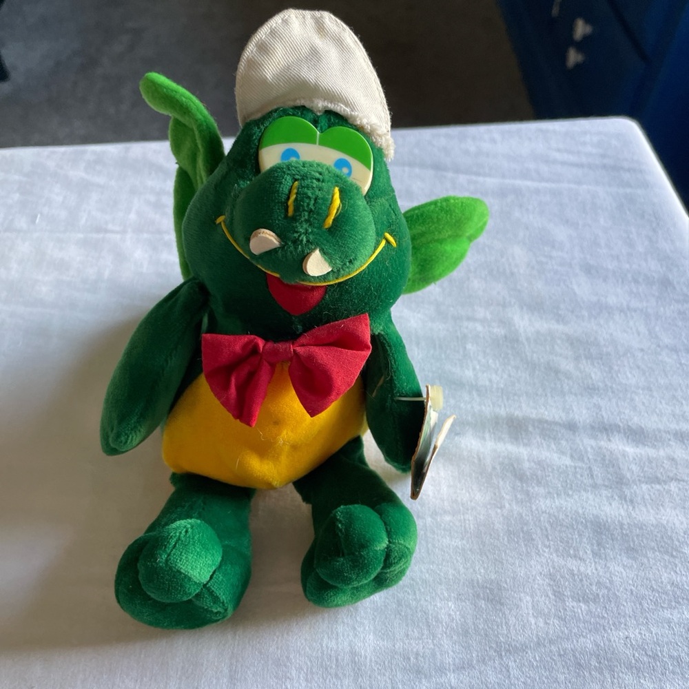 Plush Green Dragon with Yellow Belly and Red Bow - Soft Pet-Friendly Toy Rare
